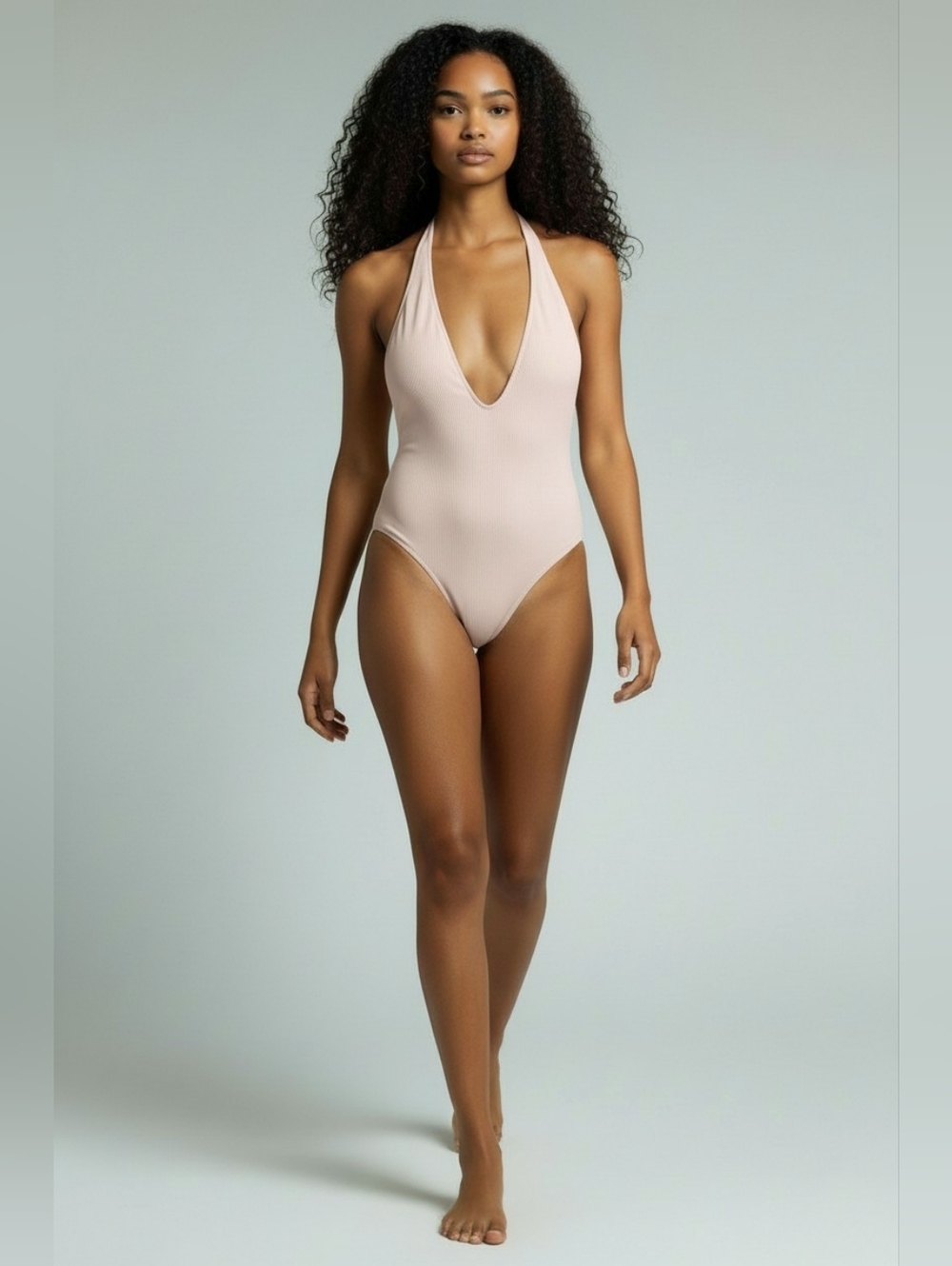 Aerie Deep V Halter Ribbed One Piece Swimsuit